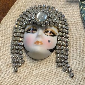 AWESOME SIGNED Porcelain Lady FACE Brooch W Stones
